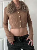 MQTIME  -  Vintage Winter Patchwork Turn Down Collar Long Sleeve Single Breasted Knitted Cardigan