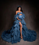 MQTIME  -  Elegant Vestidos De Gala Dusty Blue Maternity Dresses Off Shoulder Photography Props Tiered  Slit Customized Pregnant Gowns