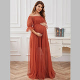 MQTIME  -  One Line Neck Maternity Ceremonial Dresses Short Sleeved Gauze Solid Color Long Pregant Dress Classic Cozy Photography Clothing