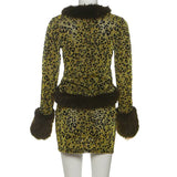 ﻿ MQTIME  -  Women Sexy Furry Patchwork Glitter Leopard Fashion 2 Piece Set Long Sleeve Cardigan Tops + Bodycon Mini Skirts Casual Streetwear