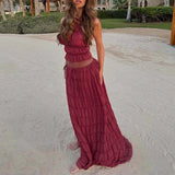MQTIME  -  Sexy Backless Lace Up Beachwear Outfits Fashion Solid Color Sleeveless Tops & Pleated Skirts Suit New Elegant Loose Seaside Sets