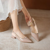 MQTIME  -  Women's Nude Patent Leather Sandals Pointed Toe Slingback Pumps with Studs Low Block Heel Dress Shoes for Office and Party Heel