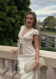 MQTIME  -  Women White Lace Trim Front Tie Satin Blouse Y2k Deep V Neck Cap Short Sleeve Shirt Ladies Daily Holiday Party Fashion Top