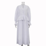 MQTIME  -  Design Ruffled Loose Dress Women's V-neck Tie Bell Sleeve White Commuter Long Dress