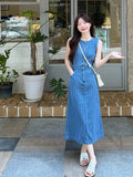 MQTIME  -  Summer Long denim Dress Women's Korean V-neck Sleeveless Stripe Printed High Waist A-line Dress