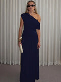 MQTIME  -  Women Navy Blue Asymmetrical One Shoulder Maxi Dress Elegant Chic  Formal Evening Gown Women's Wedding Party Long Dresses