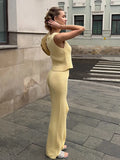 MQTIME  -  Knitted Straight Leg Pants 2 Piece Set Women's V-Neck Crop Tank Top High Rise Trousers Elegant Commuting Fashion Outfit