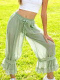 MQTIME  -  Women Ruffle Long Bloomers Y2K Sheer Ruffle Lace Patchwork Drawstring Pettipants Cropped Flare Slips Pants Streetwear
