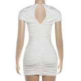 MQTIME  -  Hollow Out Ruched Bodycon Mini Dress Women Sexy O-neck Short Sleeve Backless Wrap Hip Slim Party Night Clubwear Streetwear