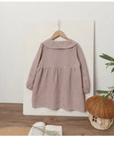 MQTIME  -  Retro Linen Doll Collar Girls Dress New Spring And Summer Chic Wooden Buttons Long-Sleeved  A-Line Dress Linen Kids Clothes