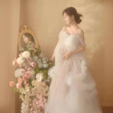 MQTIME  -   Women Elegant Heavy Embroidery White Off Shoulder Train Maternity Wedding Gown for Pregnancy Photo Shoot Studio Portrait Dress