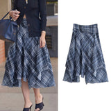 MQTIME  -  Women'S Folding Versatile A-Line Half Length Skirt With High Waist Spring Summer Female Chic Asymmetric Grid Pattern Midi Skirt
