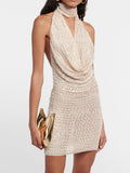 MQTIME  -  Lawn Wedding Guest Sexy Mini Dress Fashion Shiny Sequin Sleeveless Party Dress Ladies Halter High Waist Slim Fit Cocktail Dress