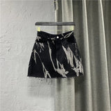  MQTIME  -  Korean Women's Denim Skirts New High Waist Slim Personalized Pattern Denim Skirt with Raw Edges A-line Half Skirt