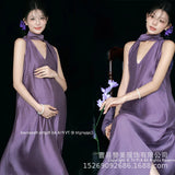 MQTIME  -   Elegant Maternity Photo Shoot Dress – Stylish Purple V-Neck Sleeveless Dress for Pregnant Women Studio Photography Clothing