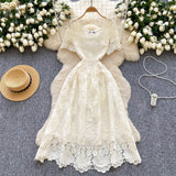 MQTIME  -  Summer Elegant Hollow Out Embroidery Lace Long Dresses Women Holiday Short Sleeve Flower Retro Evening Party Female Vestidos