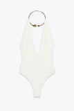 MQTIME  -  Lady Jewelry Necklace Jumpsuit Golden Circular Hanging Neck Deep V Collar Sexy Backless Fashion Bodysuit Siamese Women's Clothes