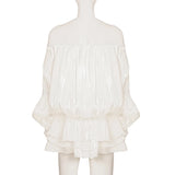 MQTIME  -  Vacation Off Shoulder Romantic Ruffle Mini Dress Women Summer Skinny Pleated Beach Dress Elegant Long Sleeve Vestidos