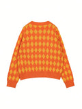 MQTIME  -  Autumn and Winter New Design Sense Contrasting Diamond Grid Simple Long Sleeved Round Neck Sweater for Women