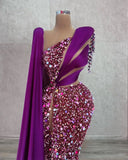 MQTIME  -  Stylish Purple Evening Dresses Sequins Beading Tassels Prom Gowns Custom Made One Shoulder Side Split Party Dresses