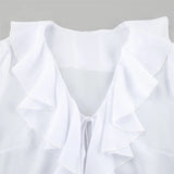 MQTIME  -  Elegant French Style Ruffle Chiffon Blouses Woman's Fashion Deep V Neck Long Sleeve Slim Tops Summer Beach Party Wear