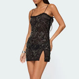 MQTIME  -  Women Summer Flower Sequins Embroidery Ruffles Square Neck Sleeveless Bodycon High Split Short Cami Dress with Scarf