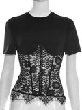  MQTIME  -  Sexy O Neck Regular Lace T-shirt Top Women See Through Patchwork Short Sleeve Female T-shirt Top Spring Summer Clothes