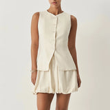 MQTIME  -  Two Pieces Set Women's Vest Skort Suits Sleeveless Button-front Top Ruffled Loose Shorts Summer Office Casual Daily Outfit