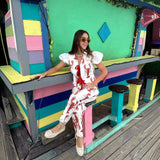 MQTIME  -  Cartoon Cray Printing Long Pants Set For Women 2024 Summer Short Sleeve Shirt High Waist Wide Leg Pant 2 Piece Sets Lady Outfits