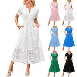 MQTIME  -  Summer New Women Short Sleeved Long Dress Trendy V-Neck Hollow Eyelets Ruffle Hem A-Line Dresses Pockets Female Vestidos