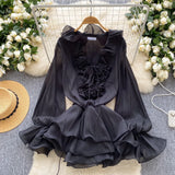 MQTIME  -  Summer New 3D Floral Beach Short Dress Female Long Sleeves Lace Up Ruffle Chiffon Cake Sundress Sheer Sexy Bohemian Vestidos