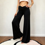  MQTIME  -  Women's Elastic Waisted Wide Leg Pants V-Cross Front Design Casual Solid Micro Flared Full Length Trousers All Match Bottoms Chi