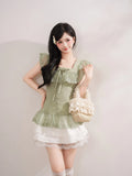  MQTIME  -  Vintage Japanese Square Collar Short Sleeve Solid Lace Patchwork Bow Women Blouse