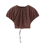 MQTIME  -  Women's Mini Dress Two Piece Set O-neck Short Puff Cropped Top High Waist Hip Package Pleated Female Sets Elegant Lady Outfits