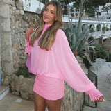 MQTIME  -  Fall Fashion Long Sleeve Chiffon Patchwork Beach Dress Women Sexy Backless Ruched Short Pencil Dress Pink Party Streetwear
