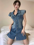 MQTIME  -  The Newest Fashion Wear Take Fashion Women Vintage Polo-neck Sleeveless Denim Blue Dress Party Cocktail Short Mini Dress