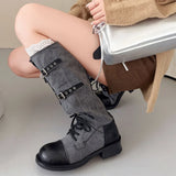 MQTIME  -  Vintage Multi‑Buckle Straps Combat Boots Women Shoes Military Knee‑High Boots Washed Canvas Motorcycle Boots