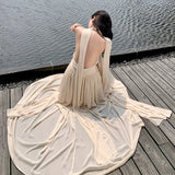 MQTIME  -  French Beige Elegant Vacation Halter Backless Birthday Party Pleated Fairy Dress A Line Prom Evening Gowns Long Dresses Summer