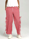  MQTIME  -  Women Plaid Wide Leg Pants Side Tie-Up Hollow-Out Loose Straight Trousers Bottoms Spring Summer Fashion Casual Sweatpants