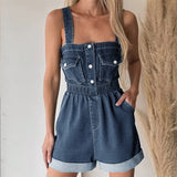 MQTIME  -  Fashion Strappy Elastic Waisted Short Jumpsuit Women All Match Cargo Slim Summer Denim Rompers Streetwear 2025 Jeans One Piece