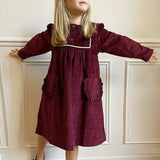MQTIME  -  Girls French Corduroy Dress Autumn And Winter Vintage Burgundy Pit Stripes Long-Sleeved Pockets A-Line Princess Dresses For Kids