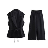 MQTIME  -  Elegant Women Vest Suit Lapel Sleeveless Vests Pocket Belt Slim Casual Coat+Vintage Drawstring Folds Slim Long Pant