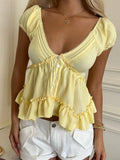 MQTIME  -  Women Summer Vacation Cute Elegant Yellow Frill Ruffle Trim Single Breasted Shirt Blouse Top Ladies Beach Holiday Daily Wear