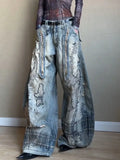  MQTIME  -  American Retro Washed Denim Jeans with Distressed and Printed Design, Loose and Wide-leg Streetwear Pants for Women