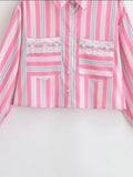 MQTIME  -  Women Pink Plaid Lace Shirt Top Leisure Long Sleeved Single Breasted Lapel Lady Summer Blouses Casual Streetwear French Style