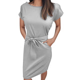MQTIME  -  Summer Women Versatile Dress With Belt Casual Short Sleeve Round Neck Fashionable Dress Outfits Holiday Midi Sundress Vestidos
