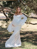  MQTIME  -  Maternity Off Shoulder Lace Maxi Dress Bell Sleeves Pregnant Long Gown Dresses For Photoshoot Baby Shower