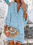 MQTIME  -  Beach Boho White Lace Fashion Eu Mini Dress Women Autumn Pop Tassel Loose V Neck Dresses Lady Female Clothing