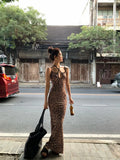 MQTIME  -  Leopard Halter Maxi Dress Bodycon Elegant Skinny Midi Long Dresses Ladies Women fairycore y2k 00s grunge sexy party club Holiday