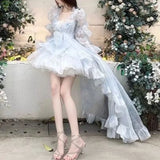 MQTIME  -  Sweet Lolita French Puff Sleeve Lace Bow Ruffle Tiered High Low Hem Tulle Dress Women Girls Graduation Party Evening Formal Wear